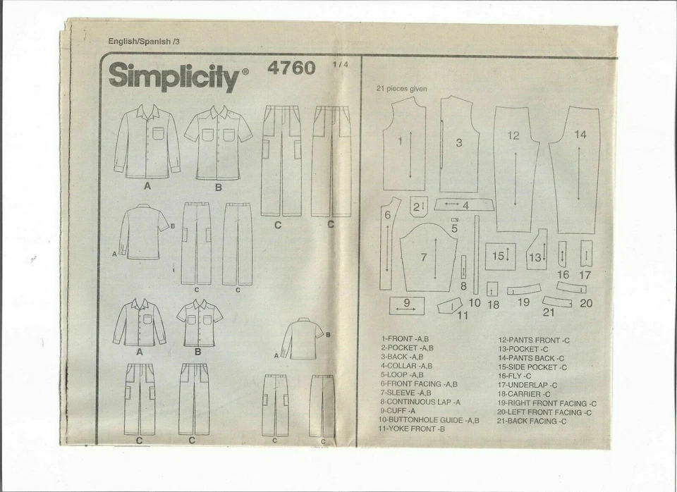 SIMPLICITY #4760 MEN'S CHEST SIZE 34-48 BOYS S-M-L SHIRT & PANTS PATTERN UNCUT - Image 3 of 4