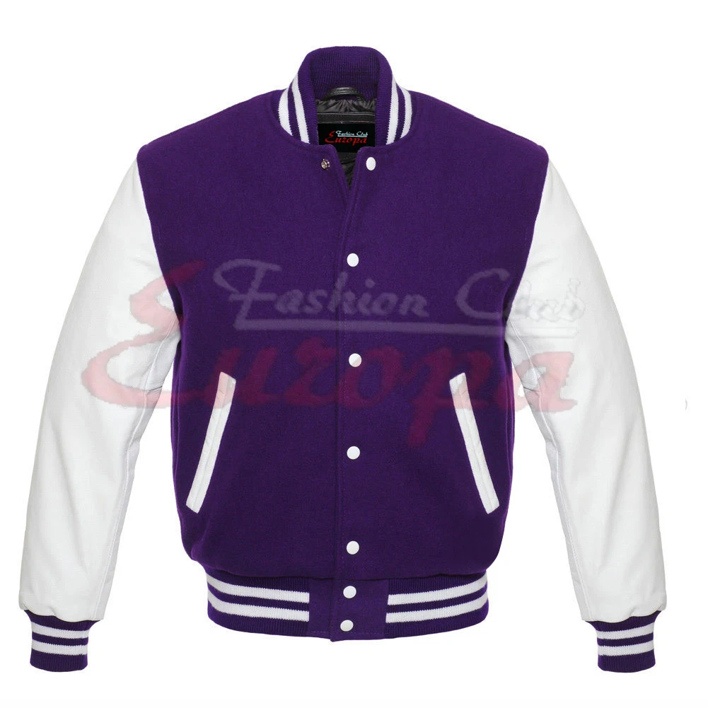 New Varsity Purple Letterman Wool Jacket with White Real Leather Sleeves