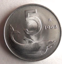 1968 ITALY 5 LIRE - AU/UNC - Great Coin - Free Ship - Bin #LC99
