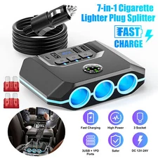 7-in-1 3Way Car Cigarette Lighter Socket Splitter Fast Charger Power Adapter 24V