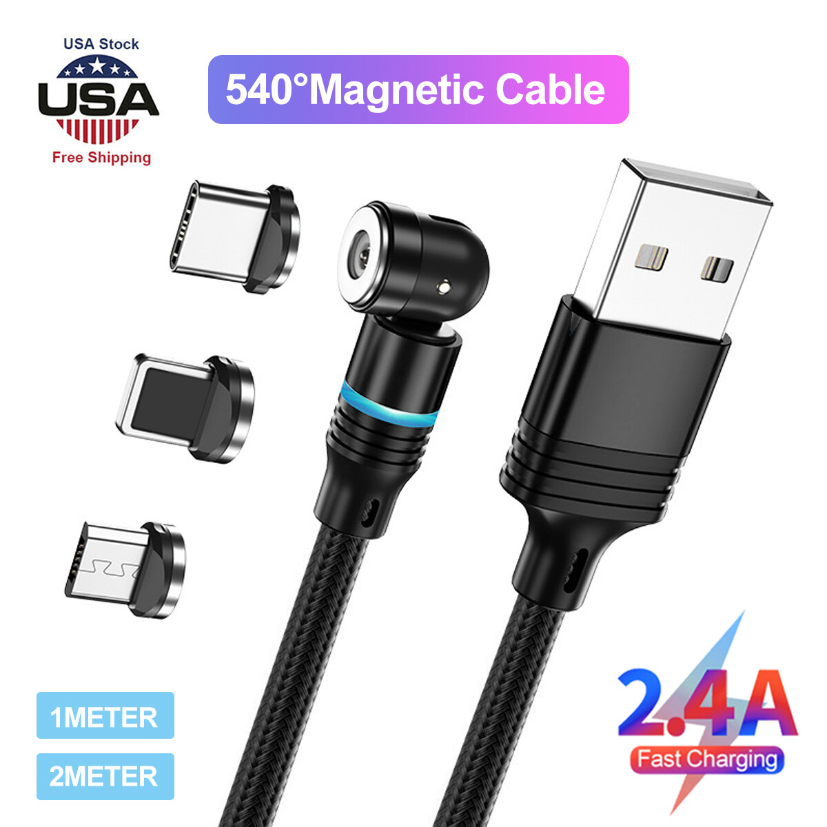 180+360° Rotate Magnetic Phone Charger Cable Fit Micro USB/Type C
