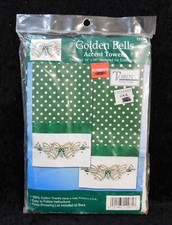 TOBIN Stamped Embroidery 2 GOLDEN BELLS Polka Dot Towels CHRISTMAS KITCHEN DECOR