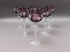 Ajka Marsala Purple Cut To Clear Crystal 8.25" Hock Wine Goblet Glasses Set Of 6