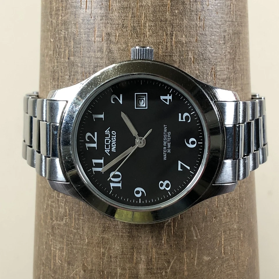 Мужские модные кварцевые аналоговые часы Timex Acqua Indiglo с датой серебристые 36 мм 7 3/4 дюйма - Изображение 2 из 4