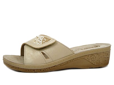 Damen Hausschuhe beige 41 mit Riemen Einlegesohle Echtleder weich niedriger Keilabsatz BLAU