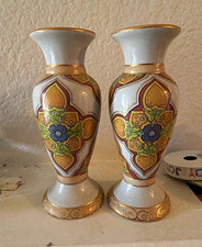 2-Pack Glazed Ceramic Bottle Vases, White Floral Pattern with Gold Accents