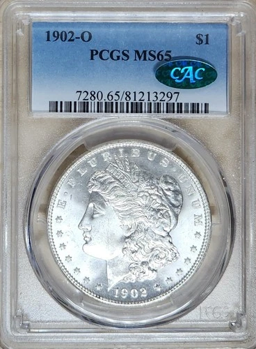 1902 O $1 BLAST WHITE PCGS MS-65 CAC; Morgan dollar.