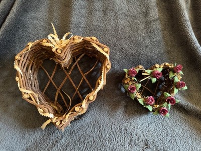 Two Heart Shaped Woven Twig Grapevine Wood Hanging Basket