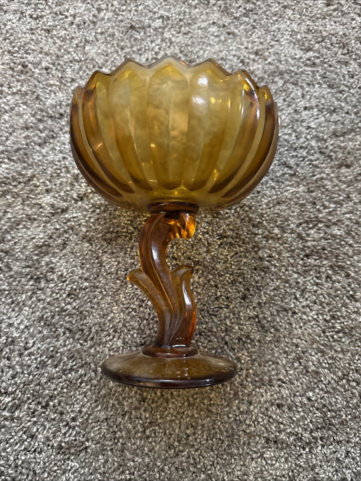 Vintage Indiana Glass Compote Lotus Pedestal Bowl Candy Dish Amber Collectible