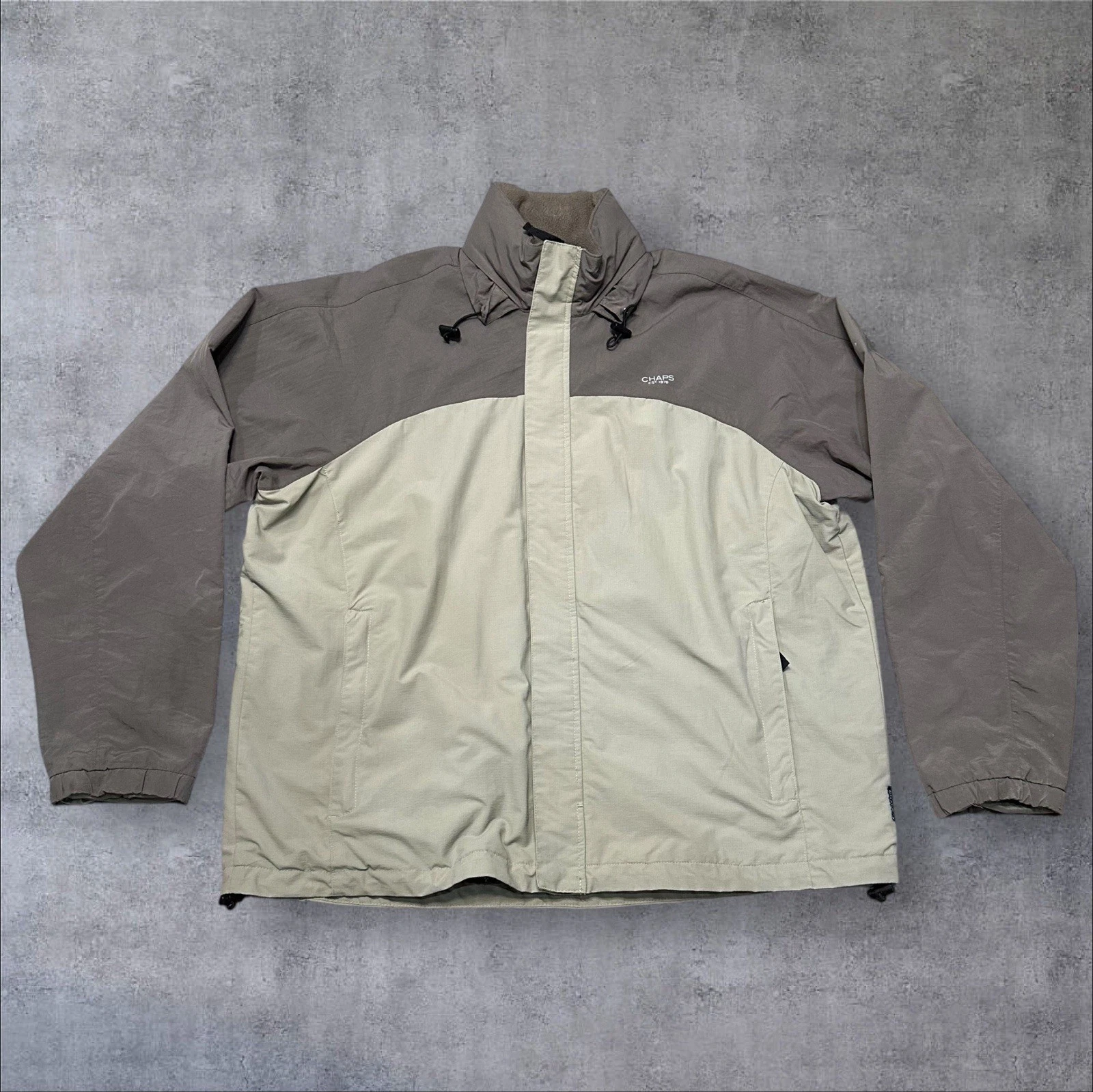 Chaps XL Men’s Windbreaker Jacket Taupe Khaki Mesh Lined Packable Hood Nylon