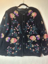 VTG Julia Kim Floral Embroidery Art To Wear Chenille Jacket Cardigan Black Sz L