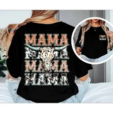 Western Mama Country Cowgirl Retro Bull Skull Gray Graphic Mom T-Shirt Size XL