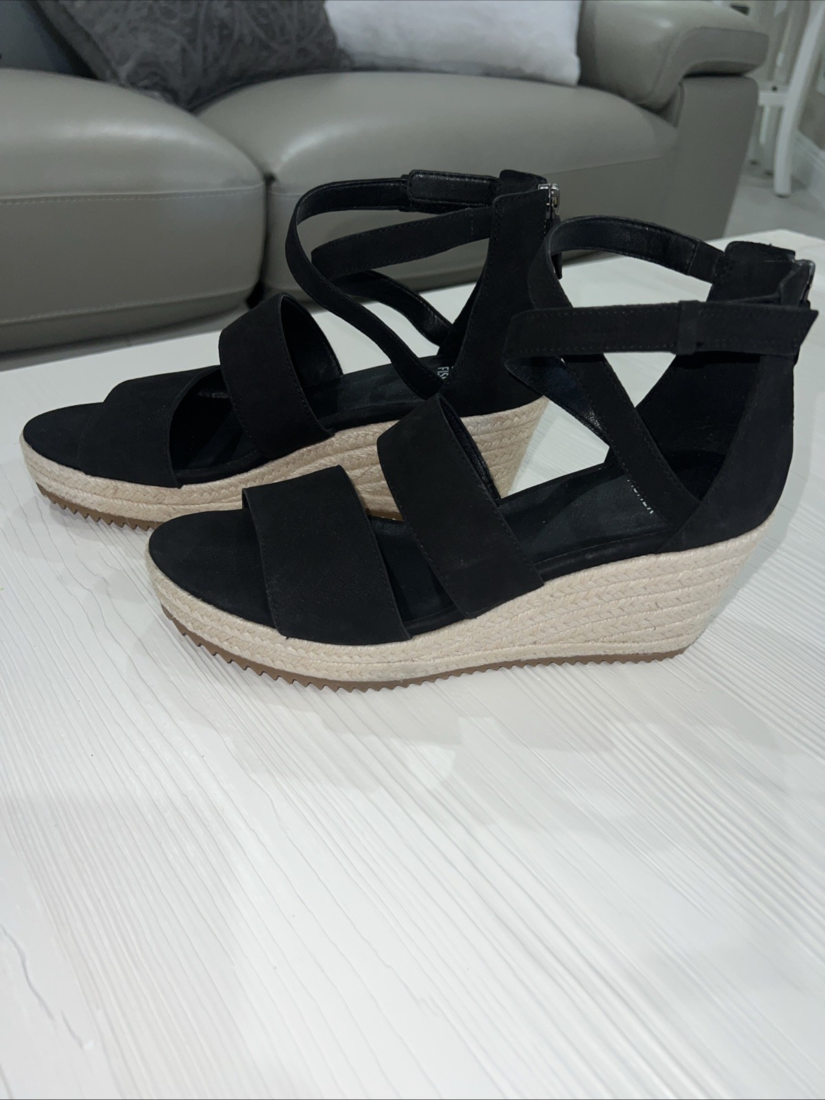 Eileen Fisher Wanda Espadrille Wedge Sandal Size 7 Black Nubuck Leather Zip NEW