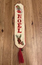 Vintage Christmas Needlepoint Wall Hanging NOEL Mouse Reindeer Brass Bell