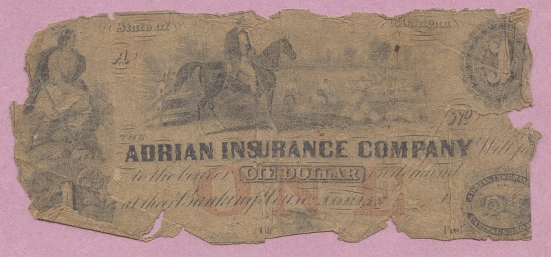 Obsolete, Adrian Insurance Company, One Dollar, $1, Low Grade