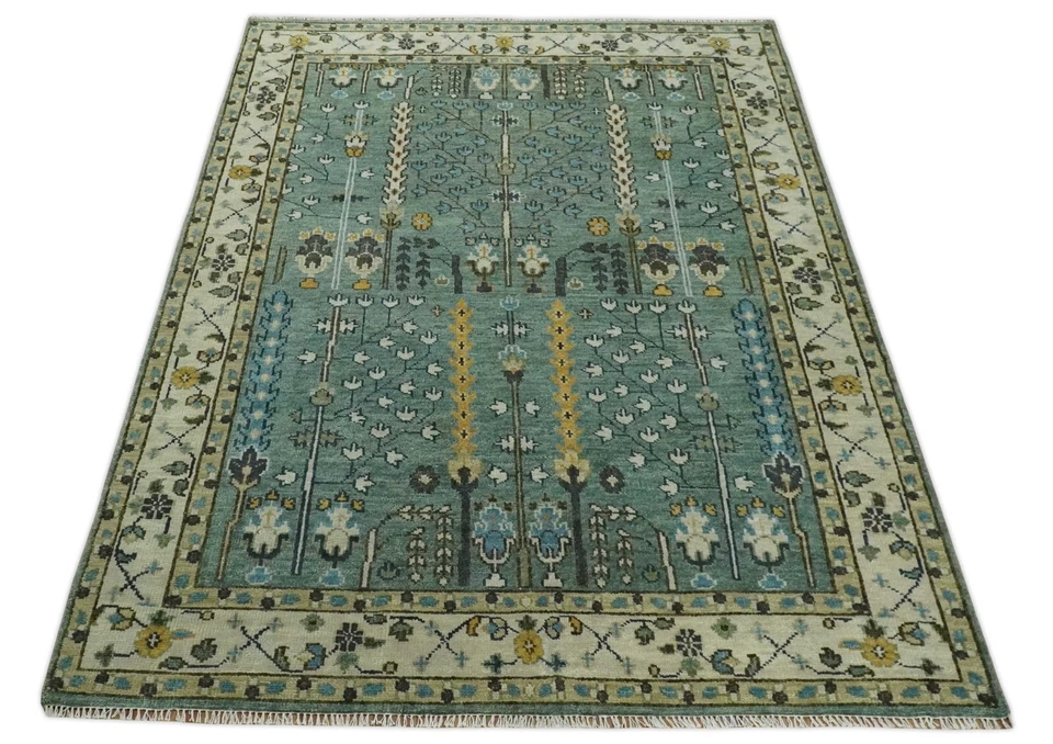 HandKnotted Aqua Ivory Antique Traditional 5x8, 8x10 Wool Area Rug |CP599 - Image 3 of 4