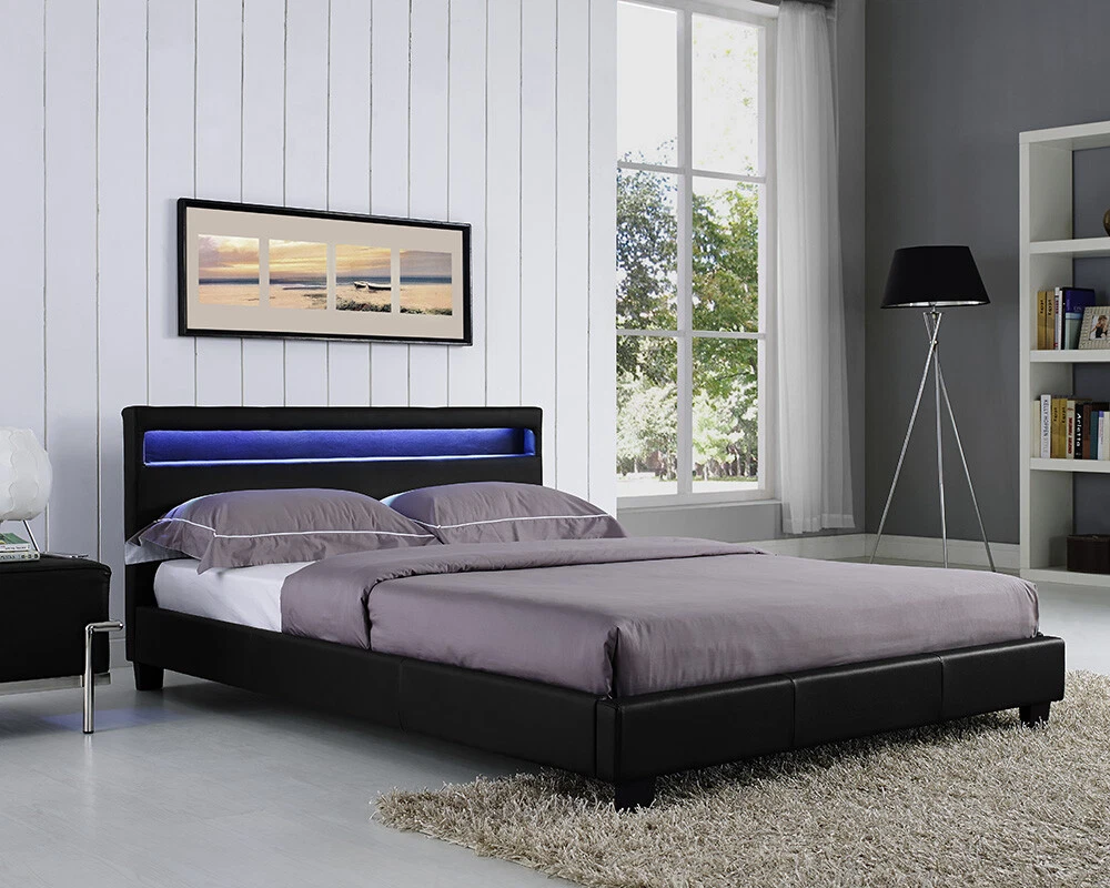 New Double Size Bed Frame LED Headboard Night Light in Black Stylish Designer