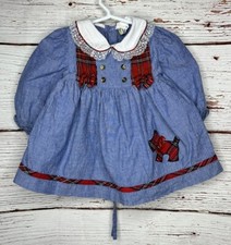 Vintage Childs Dress Blue W/Plaid with Scotty Dogs Size 12 Months Holiday Dress