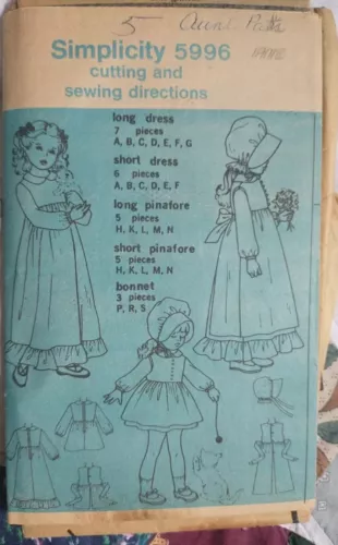 VTG Sewing Pattern Girl Holly Hobbie Sze 5 Simplicity 5996 Dress Pinafore Bonnet