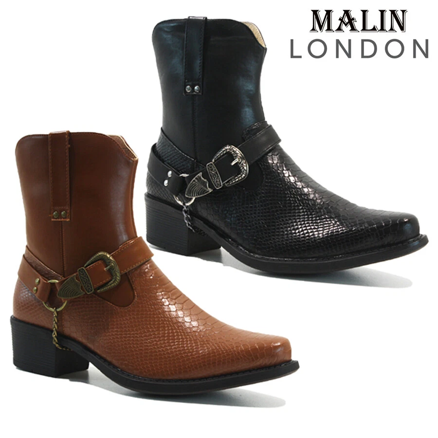 MENS WESTERN BOOTS COWBOY RIDING ANKLE CUBAN HEEL SLIP ON HARNESS BIKER SHOES