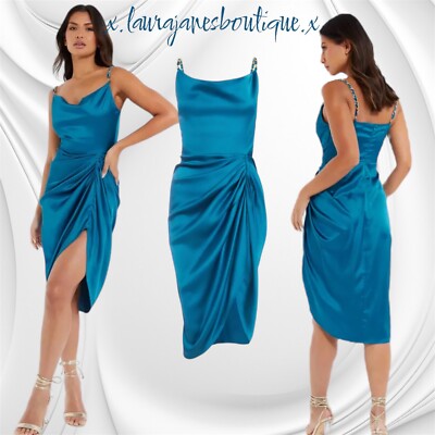 Quiz size 16 Teal Green Satin Ruched  Side Bodycon  Dress BNWOT