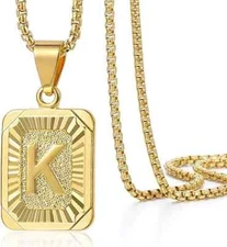 Yellow Gold Plated Stainless Steel Initial Necklace Letter A-Z Pendant Box Chain