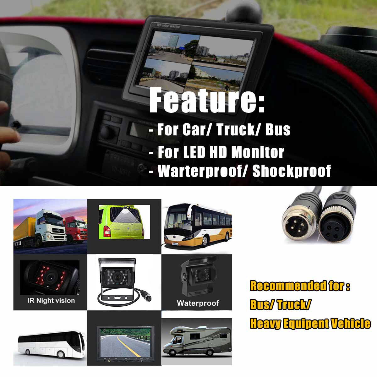 Lastbus Waterproof 4-Pin Rear View Backup Camera For Bus, Truck, Van, RV - CCD IR Night Vision, IP68-801404