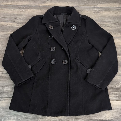 Women's OKAY Black 3 Button Pea Coat Size 38 Jacket Mid Length Polyester - Picture 2 of 12