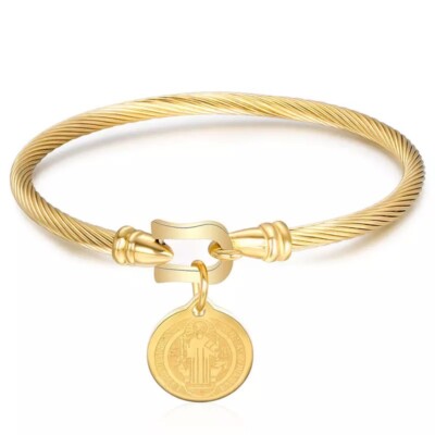 ZARD Saint Benedict Medal Charm Twisted Rope Bangle Bracelet 18 K Gold Plated