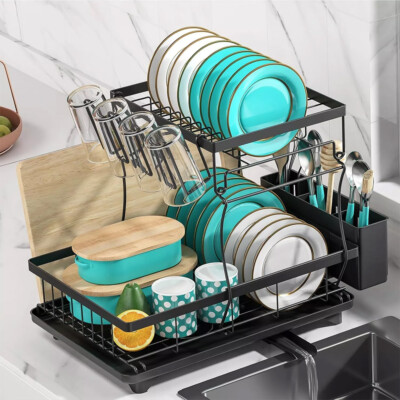 Over Sink Dish Drying Rack 2-Tier Stainless Steel Kitchen Shelf Cutlery Drainer