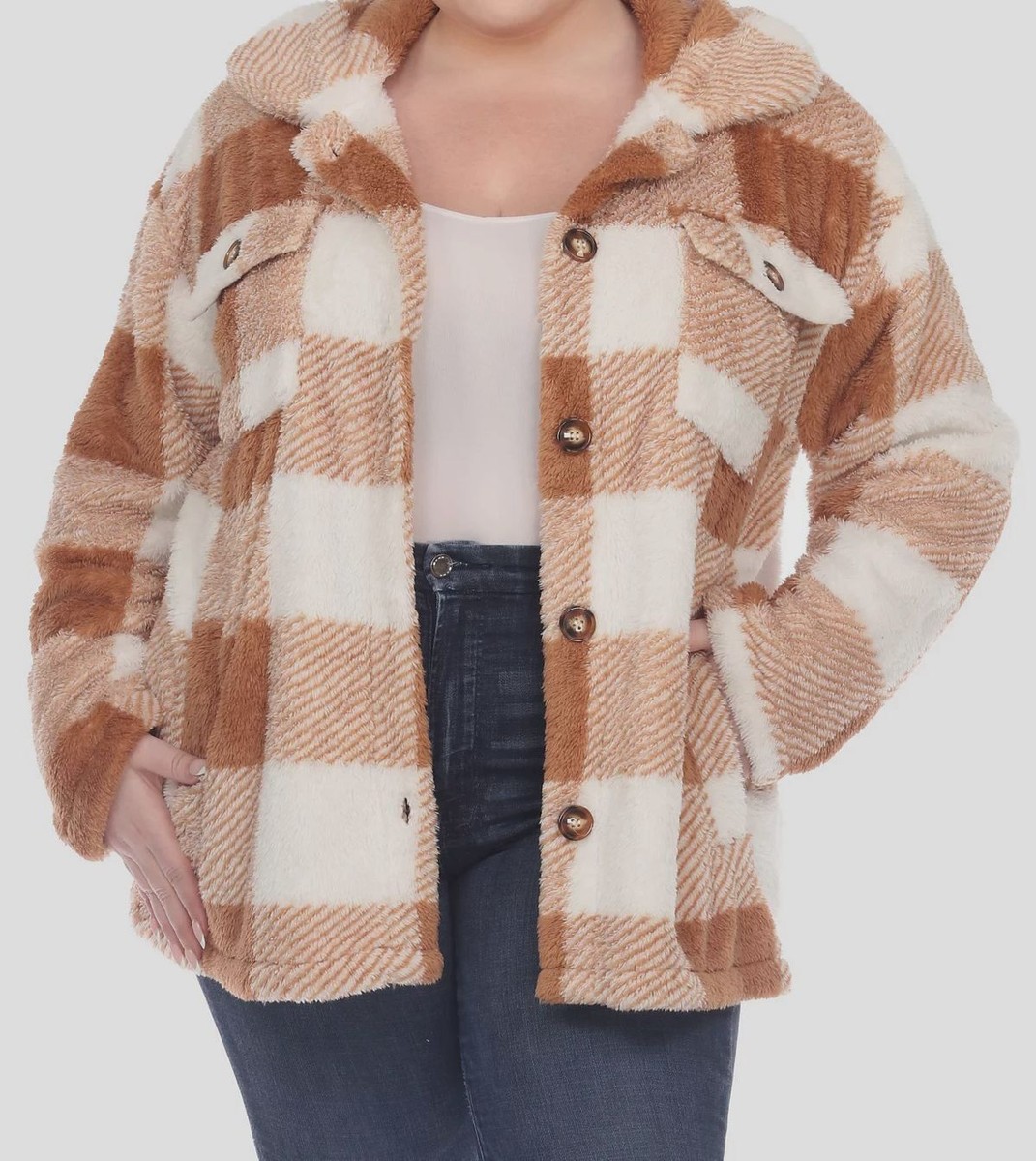 White Mark Women's Beige Plaid Faux-Fur Shacket Jacket Coat Plus
