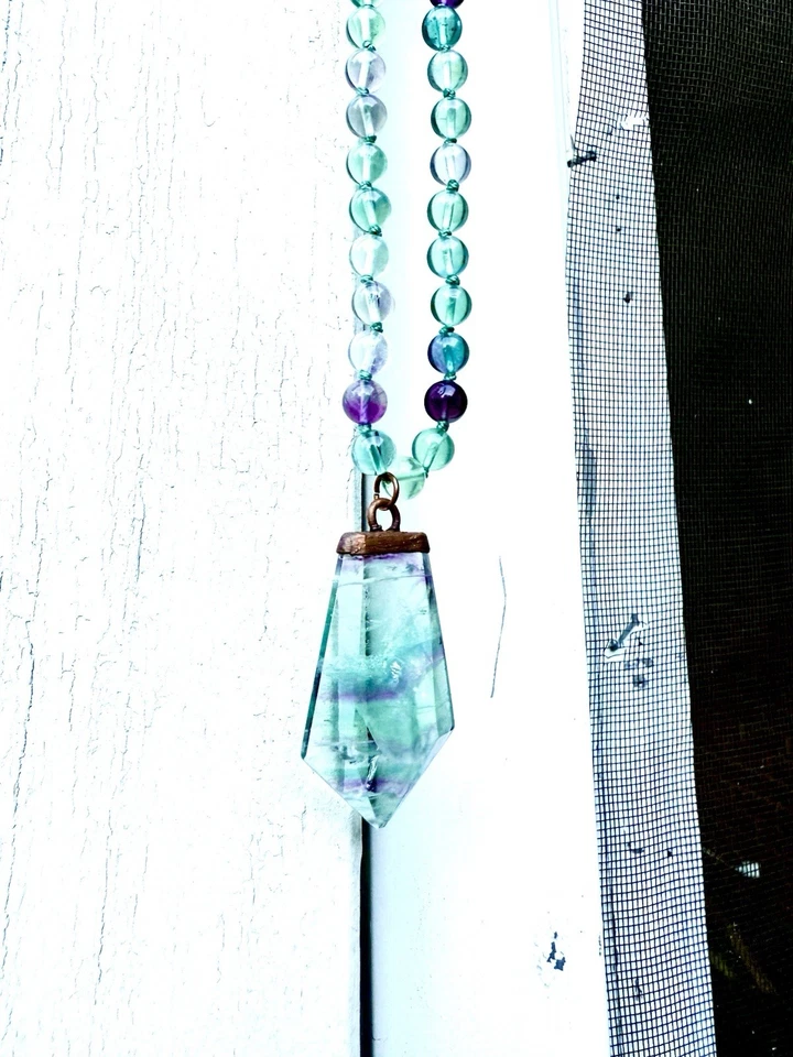HIGH QUALITY, HANDMADE RAINBOW FLUORITE MALA NECKLACE 40 “LONG - Image 2 of 3