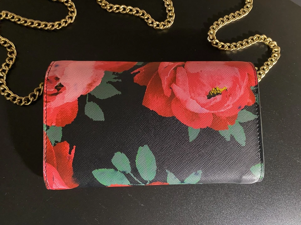 Trina Turk Mango de Cadena Rojo Peonía Floral Bolso de Mano Cartera de Cuero Herrajes de Latón Foto 3 de 4