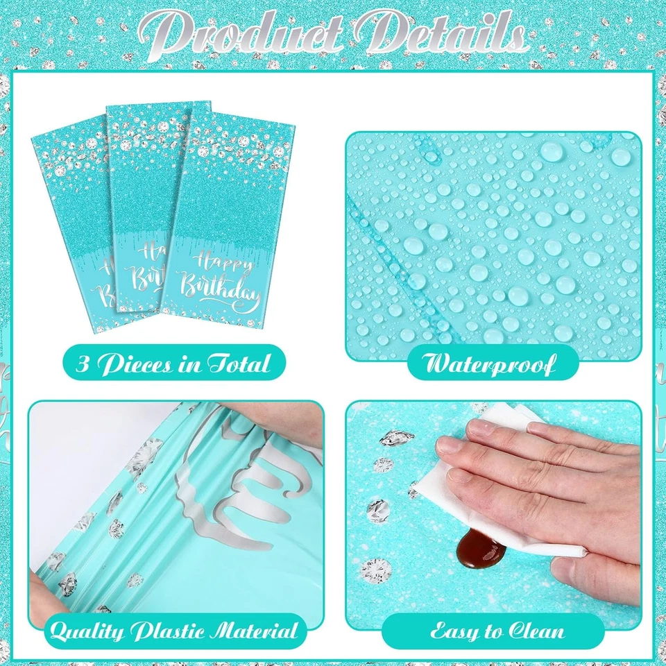 3 piezas manteles de plástico desechables cubiertas verde azulado feliz cumpleaños 54X108 pulgadas Foto 3 de 4