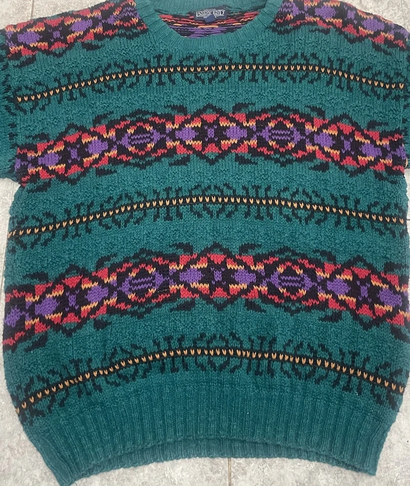 Suéter De Colección Lands End Azteca Nativo Estampado Verde Azulado Púrpura Tejido Cuello Redondo 🔥 Talla L Foto 2 de 4