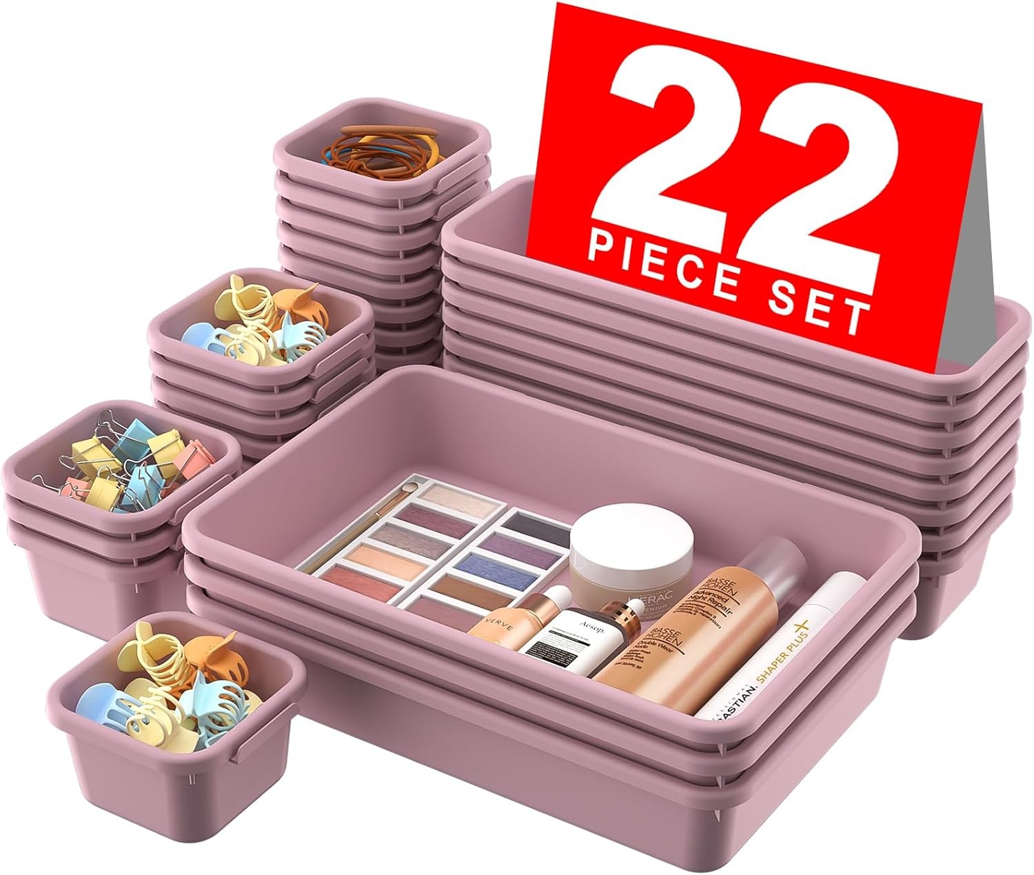 A-LuGei 【𝟮𝟮𝗣𝗖𝗦】 Plastic Lilac Desk Drawer Organizer, 22pcs-3size,