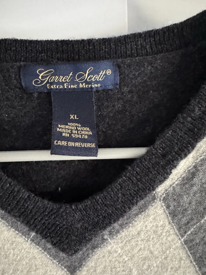 Винтажный пуловер Garret Scott XL MerinoWool темно-серый Argyle свитер с небольшими отверстиями - Изображение 3 из 3