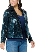 Colleen Lopez Women's Luxe Sequin Moto Jacket Teal