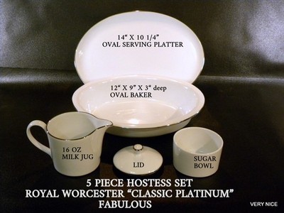 PLATTER, BAKER, CREAM, SUGAR  '' CLASSIC PLATINUM '' PORCELAIN by ROYAL WORCESTER