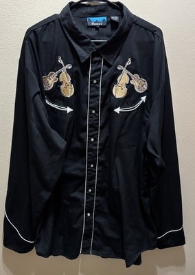 Benny's Men's Black Western Rockabilly Snap Button Shirt Embroidered Fiddles 3X