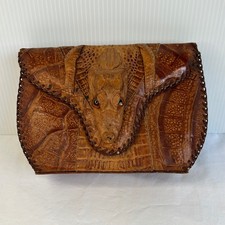 Unique Vintage Crocodile Alligator Skin Clutch Purse Handbag Brown Leather