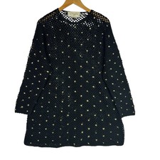 Vittadini Sweater Dress L Black Wool Blend Metallic Gold Polka Dot Open Knit