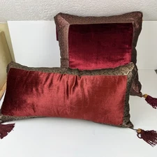 2 Designer Pillows Elegant Tasseled Velvet & Silk Wine & Gold 17”x 17” & 11”x24”
