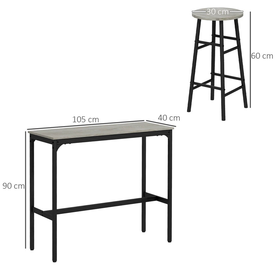 Grey Wood-Effect 3-Piece Bar Set, Powder Coated Steel, 105x40x90 cm - Image 3 of 4