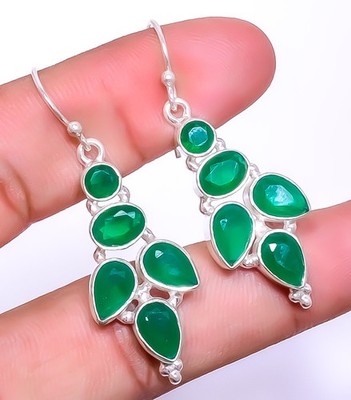 Emerald (Simulated) 925 Sterling Silver Handmade Earring 1.95'' A376