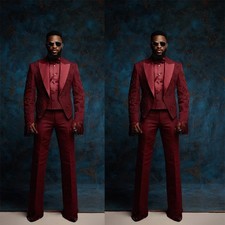 Burgundy Men's Suit Luxury Beaded Fashion Wedding Groom Tuxedo Casual Two Pieces