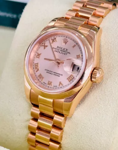 Rolex Lady-Datejust  179165 Factory Pink Roman Dial 18k Rose Gold Box and Papers