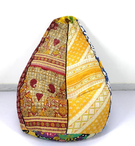 One Of A Kind Cotton Floral Kantha Bohemian Embroidered Hippie Bean Bag