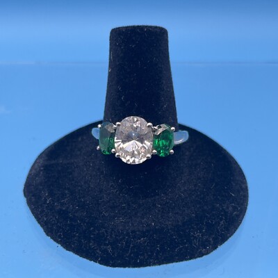 ILU  925 Sterling  CZ & Green Stone Ring Sz 8