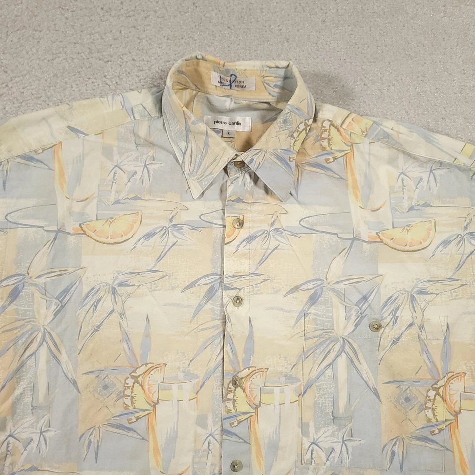 Vintage Pierre Cardin Shirt Mens Large Beige Blue Hawaiian Cocktail Print 90s - Image 3 of 4